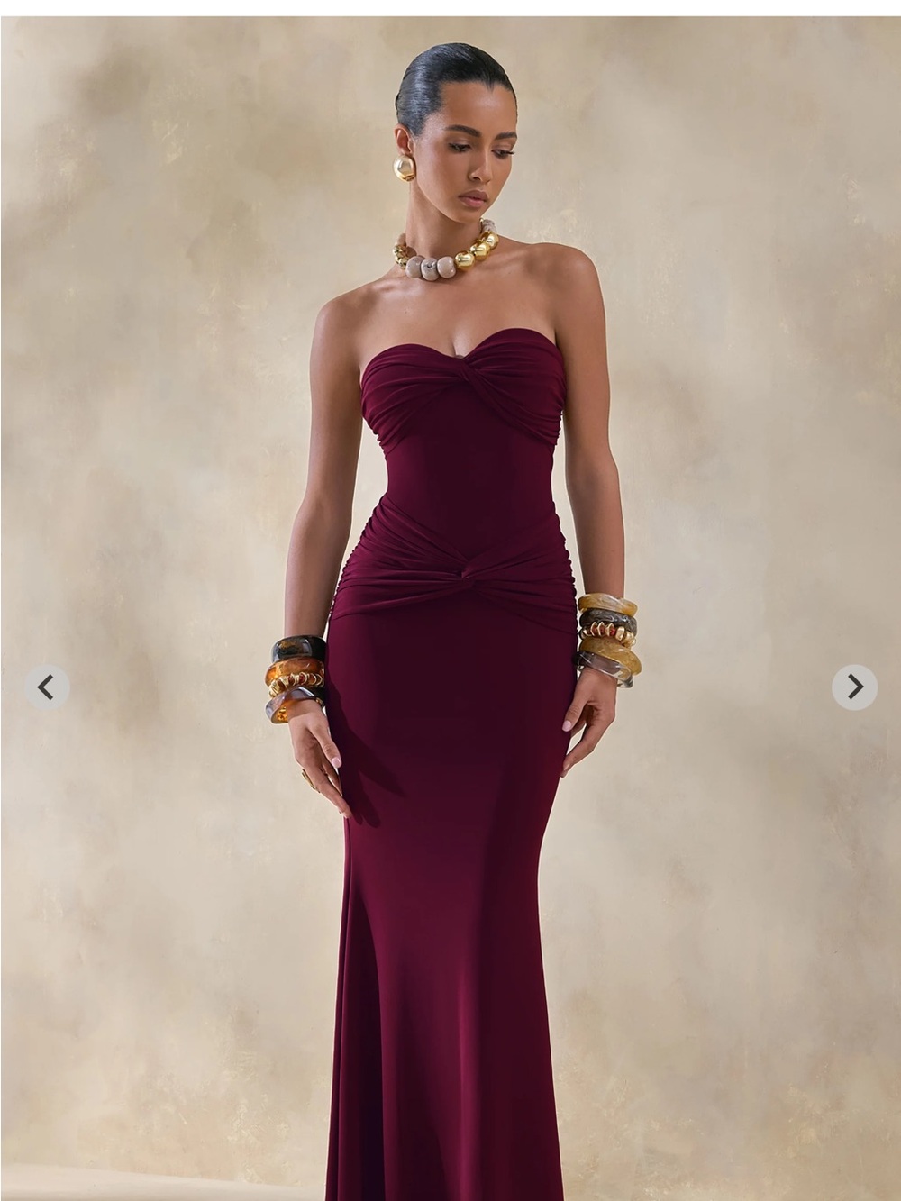 Club L London Strapless Ruched Burgundy Evening Gown